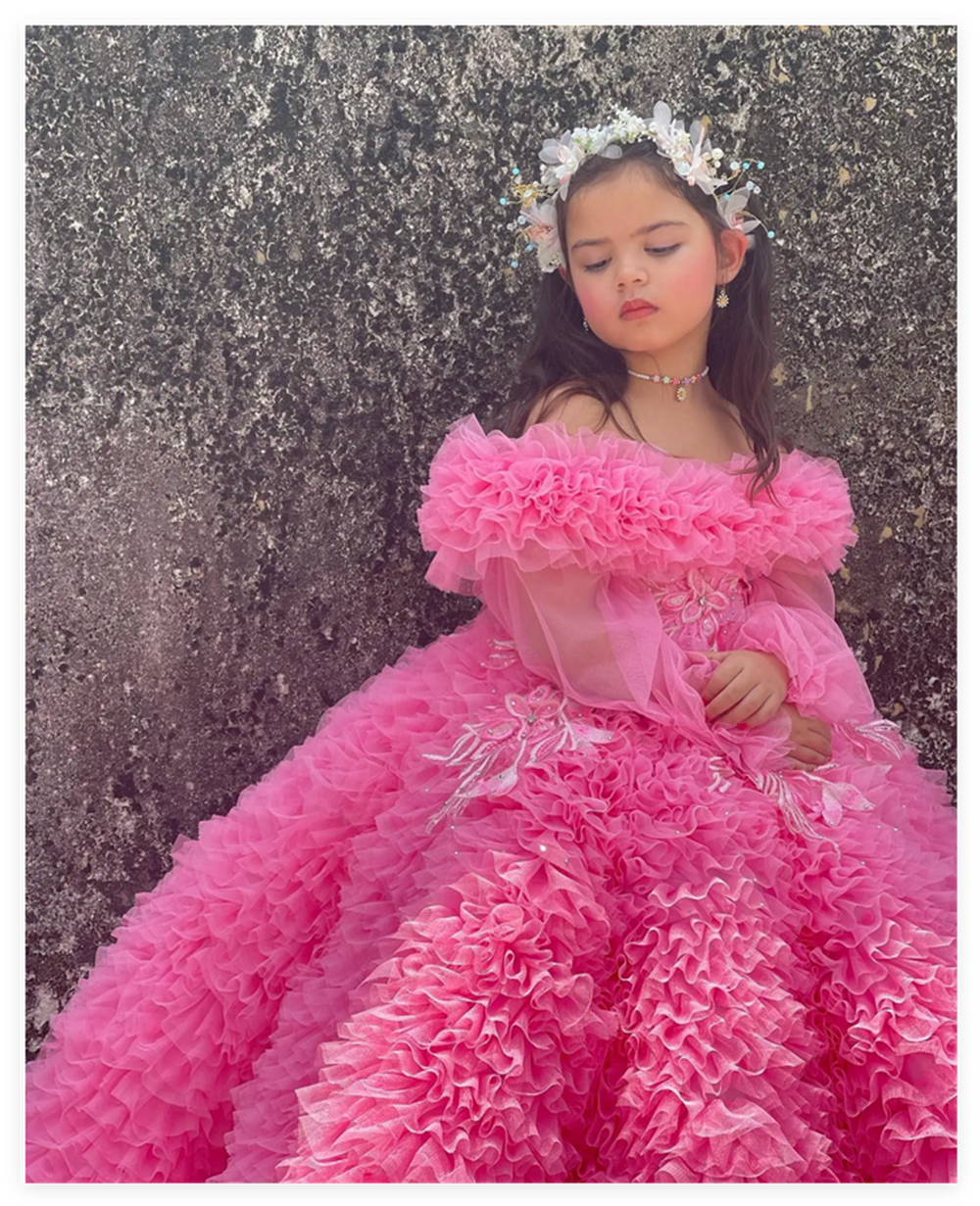 Luxuriöses rosa Blumenmädchenkleid für Hochzeit, Party, Applikation, extra bauschig, Prinzessin, heiliges Erstkommunionkleid mit langen Ärmeln
