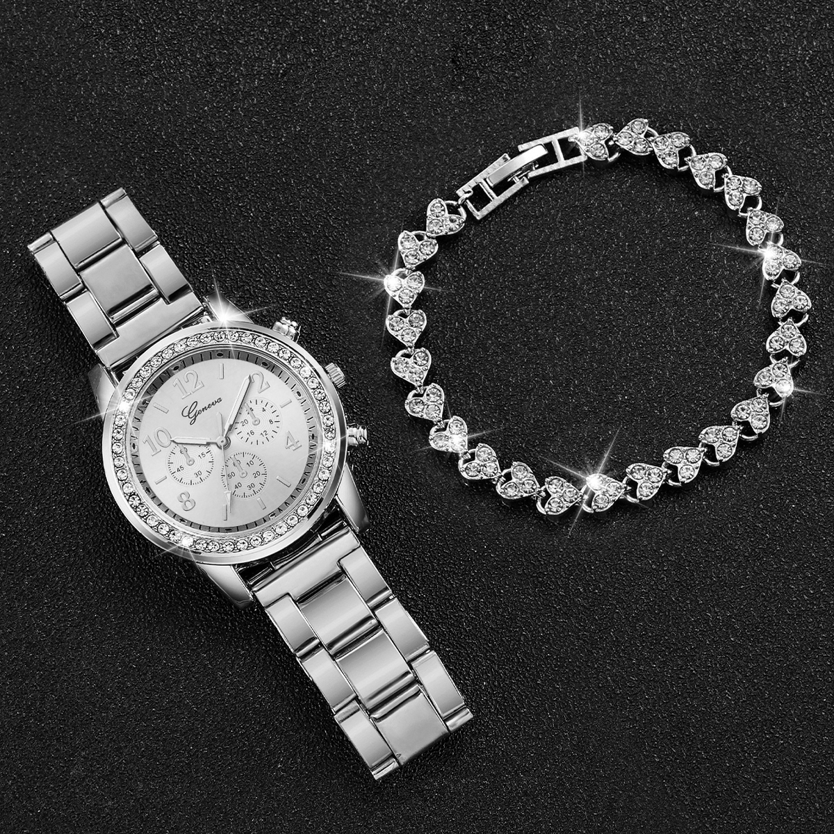 2 peças relógio feminino moda strass prata pulseira de aço analógico relógios de quartzo conjunto de pulseira