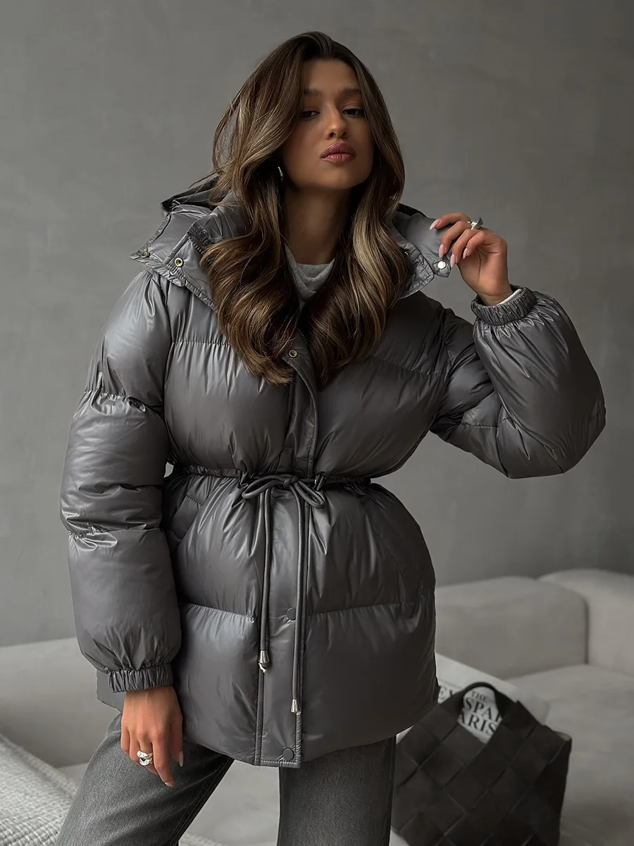 Wolfeel jaqueta de algodão slim fit com cordão, jaqueta feminina de inverno com capuz e zíper, robe de algodão confortável e quente