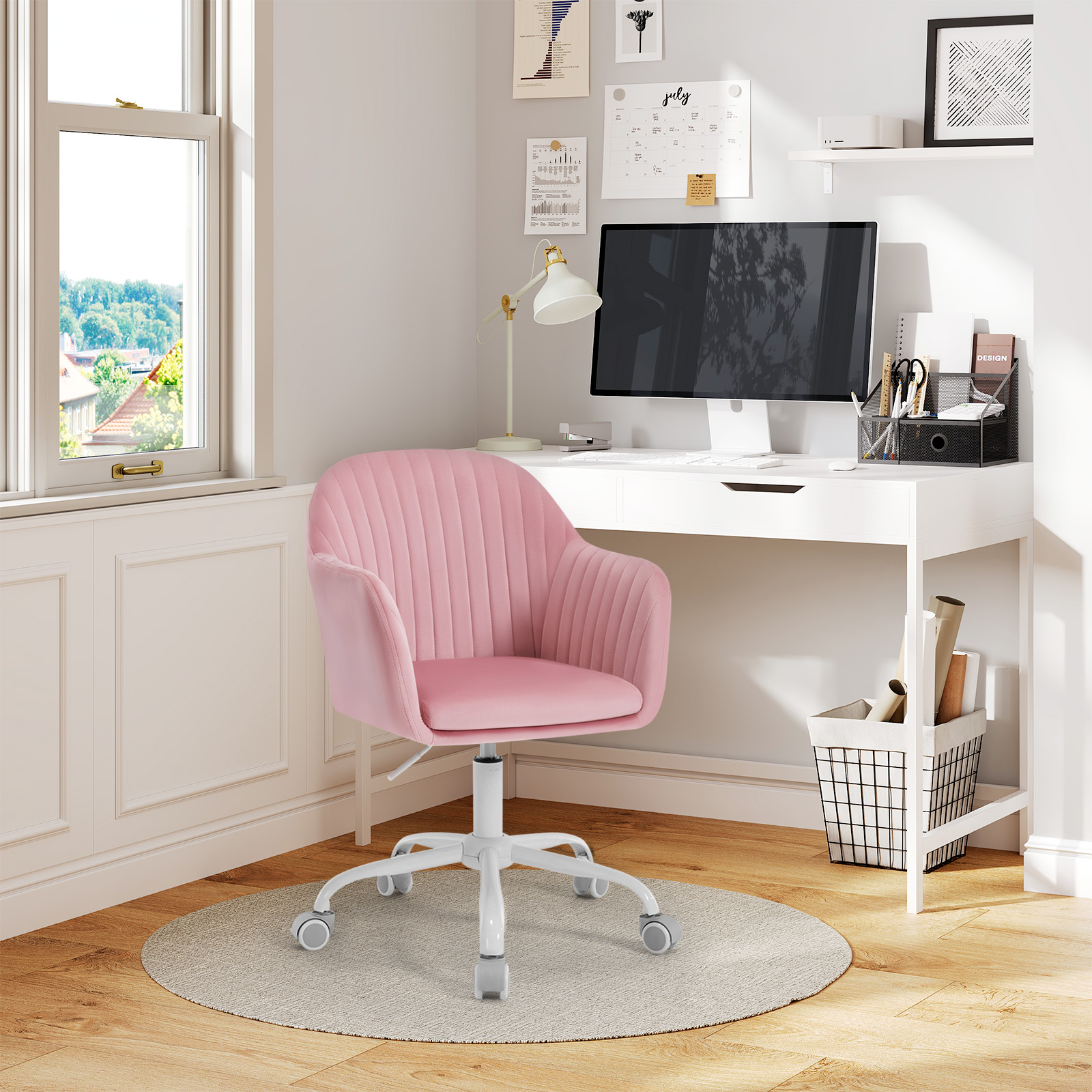 WOLTU Fluwelen bureaustoel Ergonomische dressing make-up stoel In hoogte verstelbare draaifauteuil met gewatteerd zitwiel