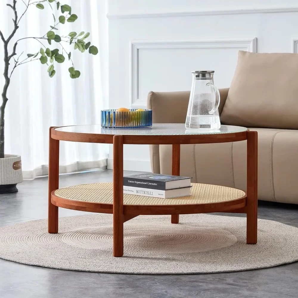 Moderner runder Couchtisch mit Stauraum, kleiner Rattan-Couchtisch mit Glasplatte, Teetisch mit 2-stufigem Ablagefach für