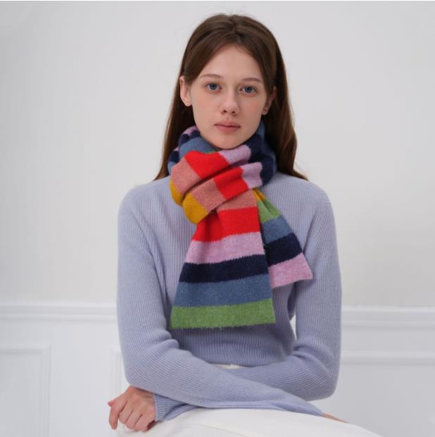 Bufanda de Mohair a rayas de arcoíris para hombres y mujeres, Bufanda corta de lana con bloqueo de color, Bufanda cálida para estudiantes, Invierno