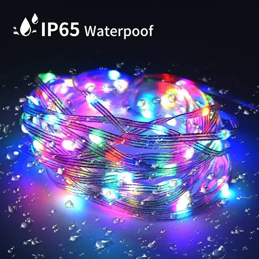 ไฟประดับคริสต์มาสอัจฉริยะ LED ริ้วสายไฟนางฟ้า10เมตรพร้อมรีโมทคอนโทรลแอป RGB สีแบบ DIY พวงมาลัยติดถนนสำหรับตกแต่งงานปาร์ตี้