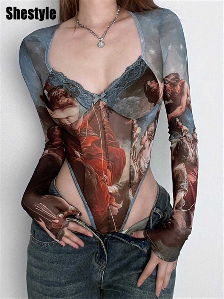 Shestyle классические сетчатые боди с квадратным вырезом, женские винтажные холщовые боди с кружевным бантом и принтом, коричневые, с высокой талией, накидка на Хэллоуин, Рождество
