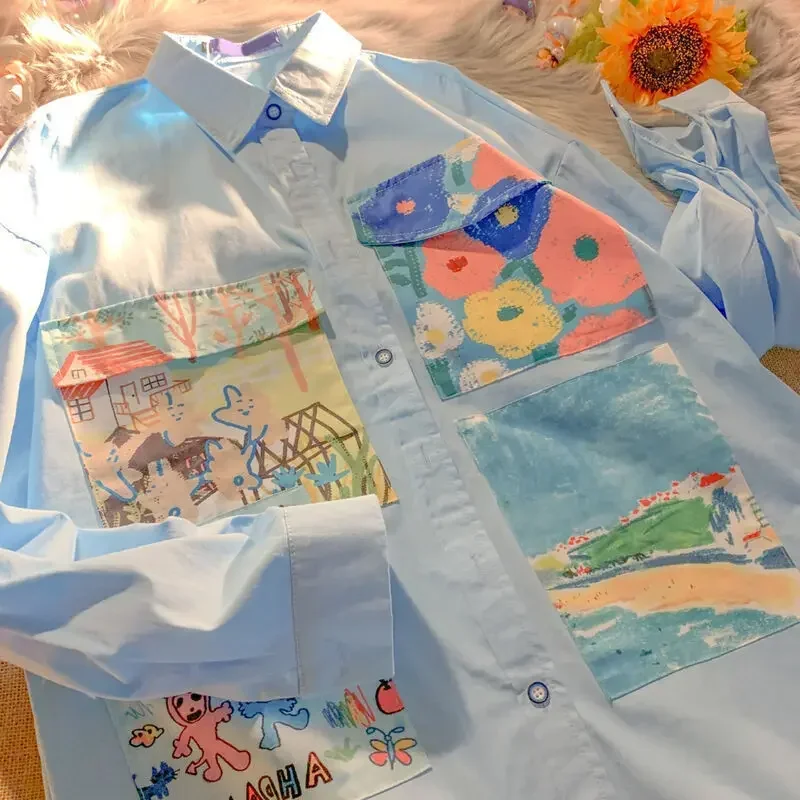 Dầu Màu Vàng Tranh In Áo Sơ Mi Nữ Mùa Xuân, Mùa Thu Mỏng Rời Nút Lên Áo Kiểu Dài Tay Áo Sơ Mi Oversize Cho Bé Gái