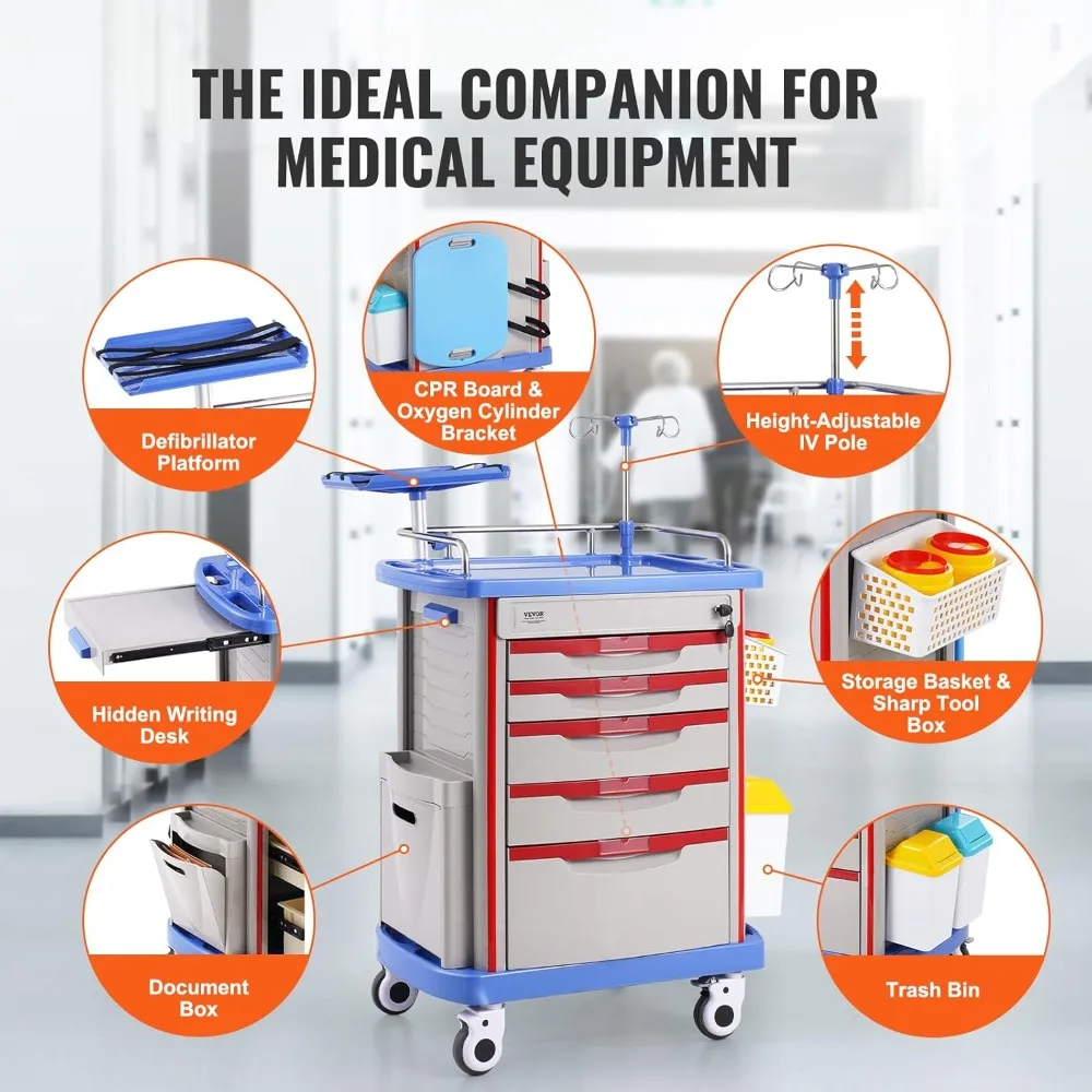 5-Tier Lab Cart With 5 Drawers, 4 Silent Wheels & 2 Trash Cans - Mobile Medical Utility Cart, PP Material - for Clinic, Hospital