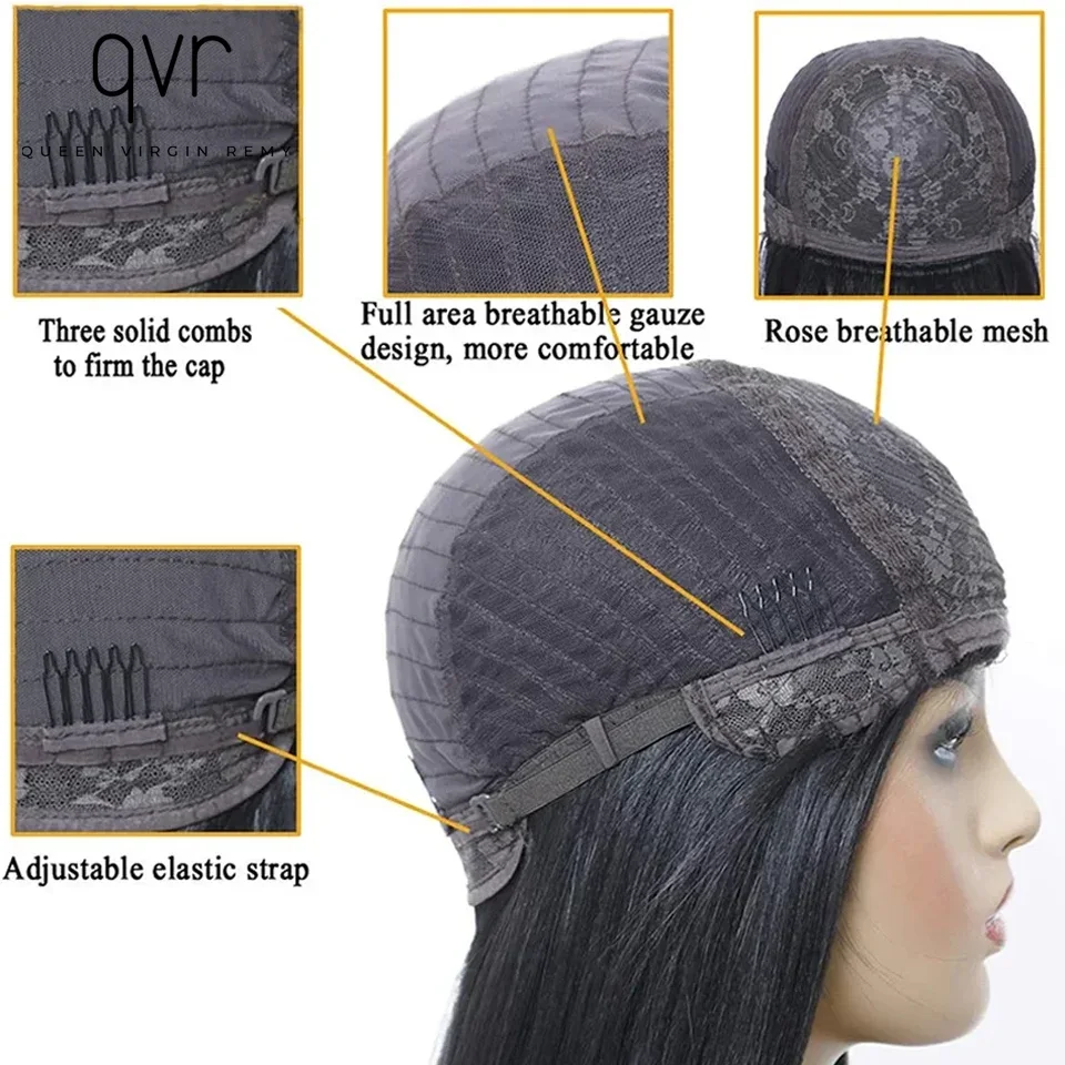 QVR 180 ความหนาแน่นเต็มรูปแบบวิกผมไฮไลท์สีน้ําตาลสีกระดูกตรงผมมนุษย์ BOB วิกผม QVR มนุษย์ผม Bangs สําหรับผู้หญิง