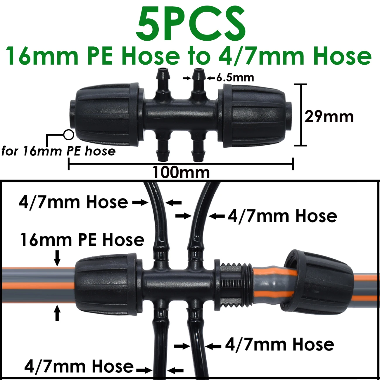 5pcs 1/2'' PE Pipe 16mm Connector Splitter Tee Coupling Threaded Lock to 4/7mm 3/5mm Hose Garden Watering Drip Irrigation