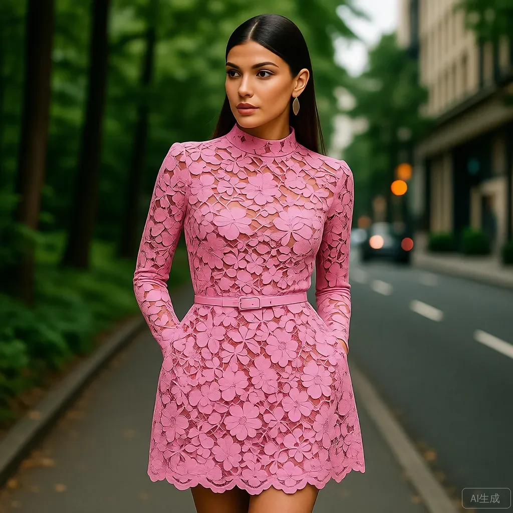 Rosafarbenes, kurzärmliges, hochgeschlossenes A-Linien-Kleid aus Spitze mit Gürtel – Party-Hochzeits-Cocktailkleid mit langen Ärmeln und Stehkragen, immer hübsch