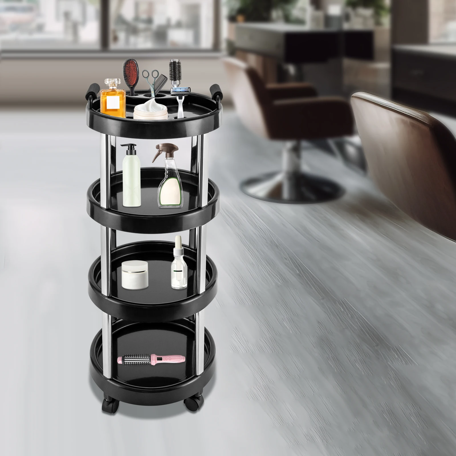 Carrello per parrucchiere rotondo a 4 livelli Carrello per barbiere Carrello per parrucchiere professionale Carrello per cosmetici Carrello oscillante per salone