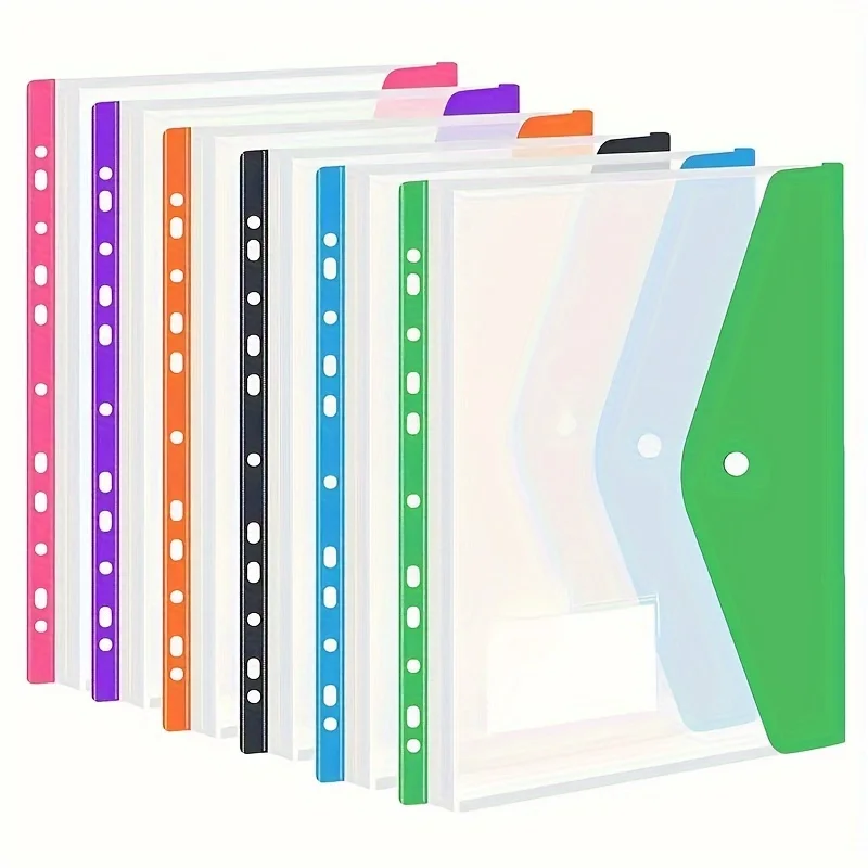 6 stuks plastic envelop met zelfklevende drukknopen en 11 gaten bestandsmap uitbreidingstas voor 2/3/4 ringmap en A4 schooltas bestand b
