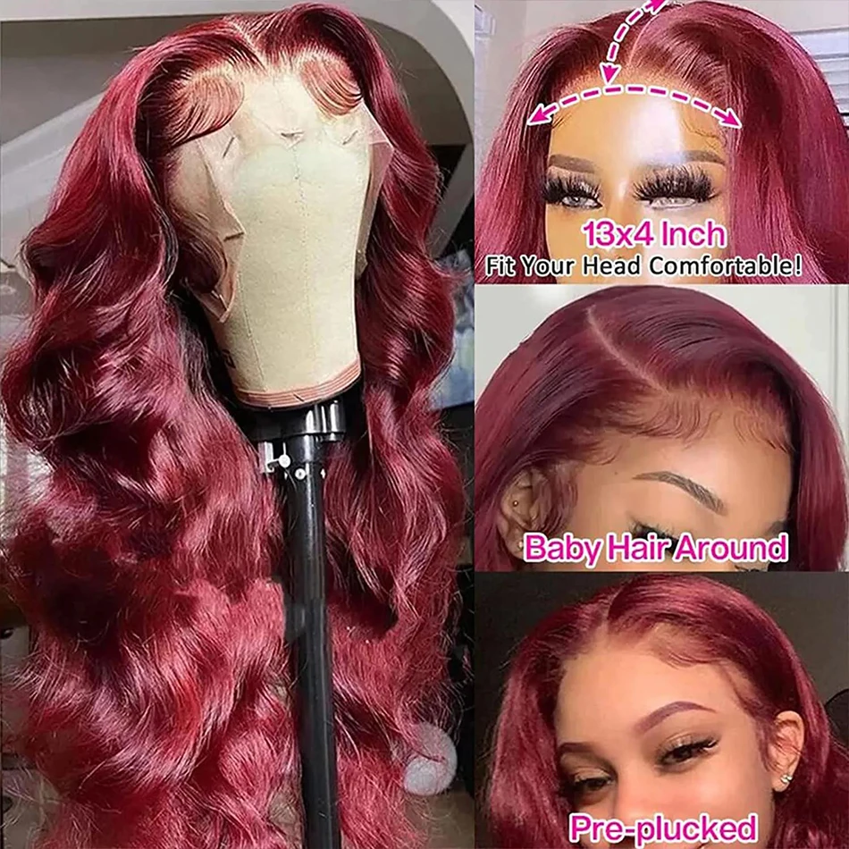 Parrucca anteriore in pizzo bordeaux 99j per capelli umani 13x4 pre pizzicata pizzo trasparente colorato onda del corpo 13x6 parrucche frontali in pizzo HD per le donne