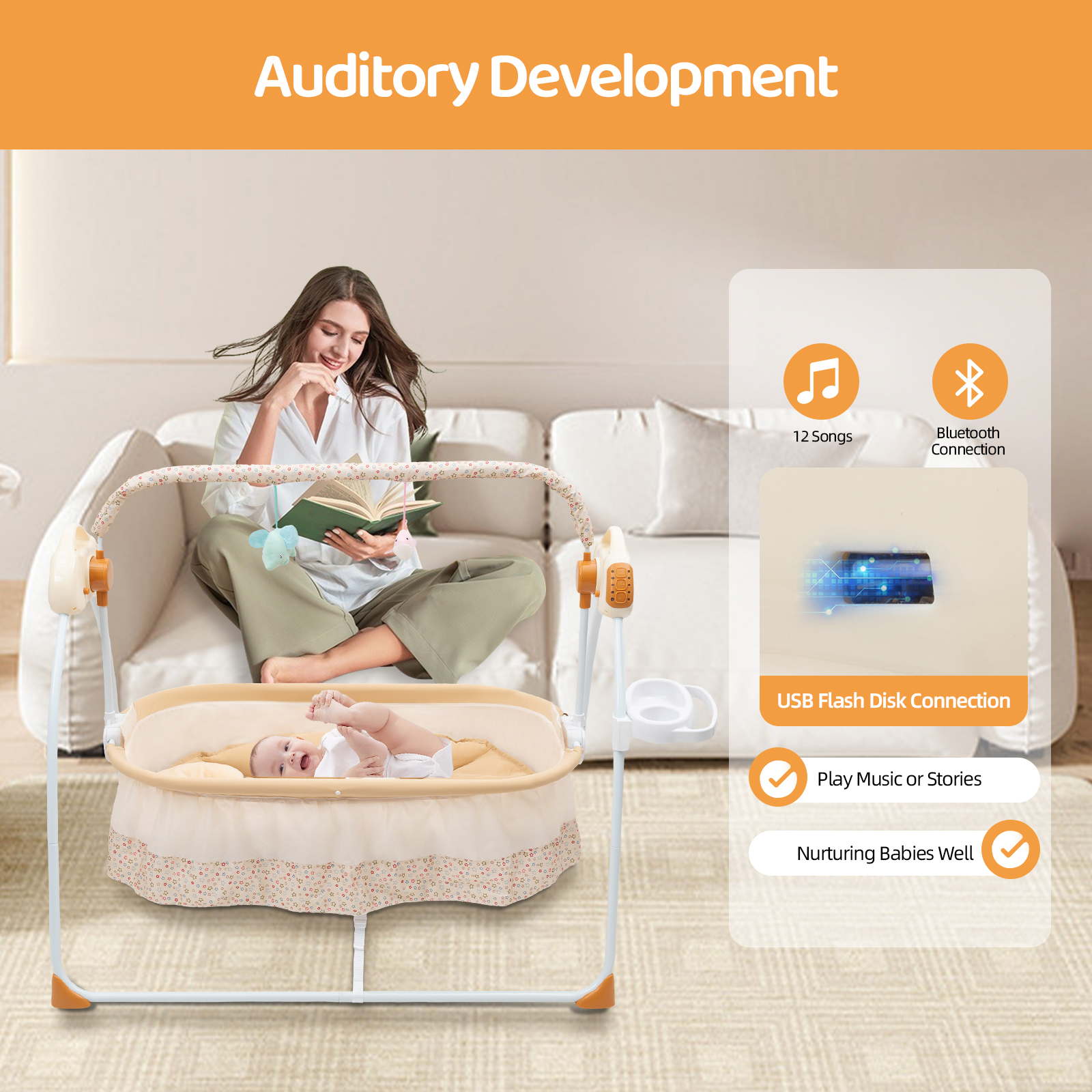 Foldable Electric Baby Cradle 0-18M 5 Speeds Swing Remote Control Bluetooth Music Mosquito Net 25KG Capacity for Sleep Play