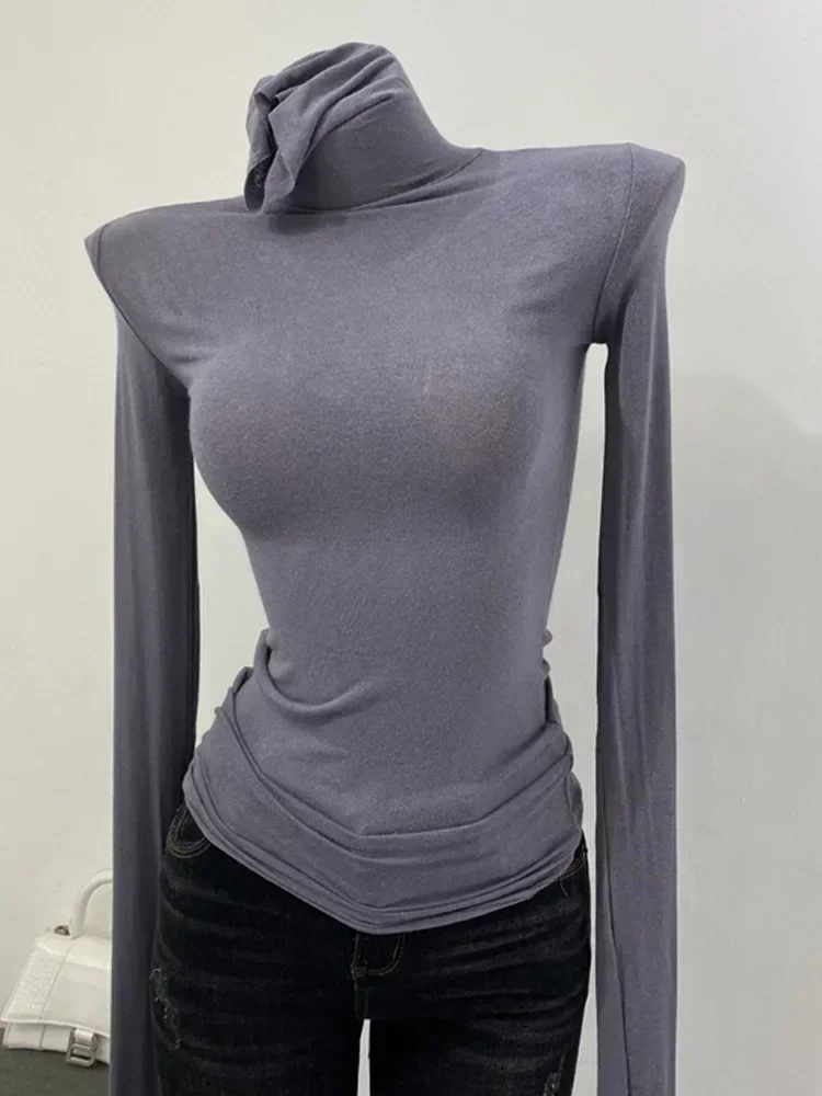 คอเต่า Slim คุณภาพสูงธรรมดา T เสื้อผู้หญิงผ้าฝ้าย Basic หญิงเสื้อแขนยาวเซ็กซี่บางเสื้อยืดดูผ่าน 2024