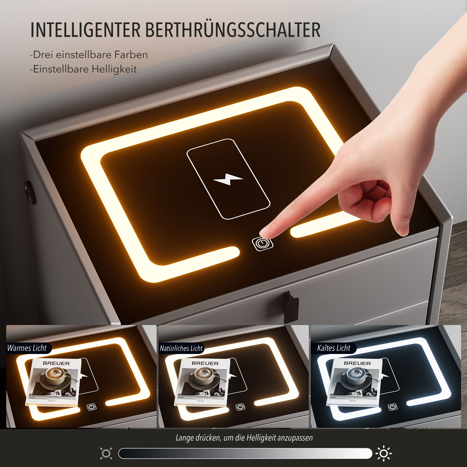 Mesa de cabeceira inteligente com carregamento sem fio, cabeceira com luz LED, mesa de cabeceira com 2 gavetas, cômoda para sala de estar