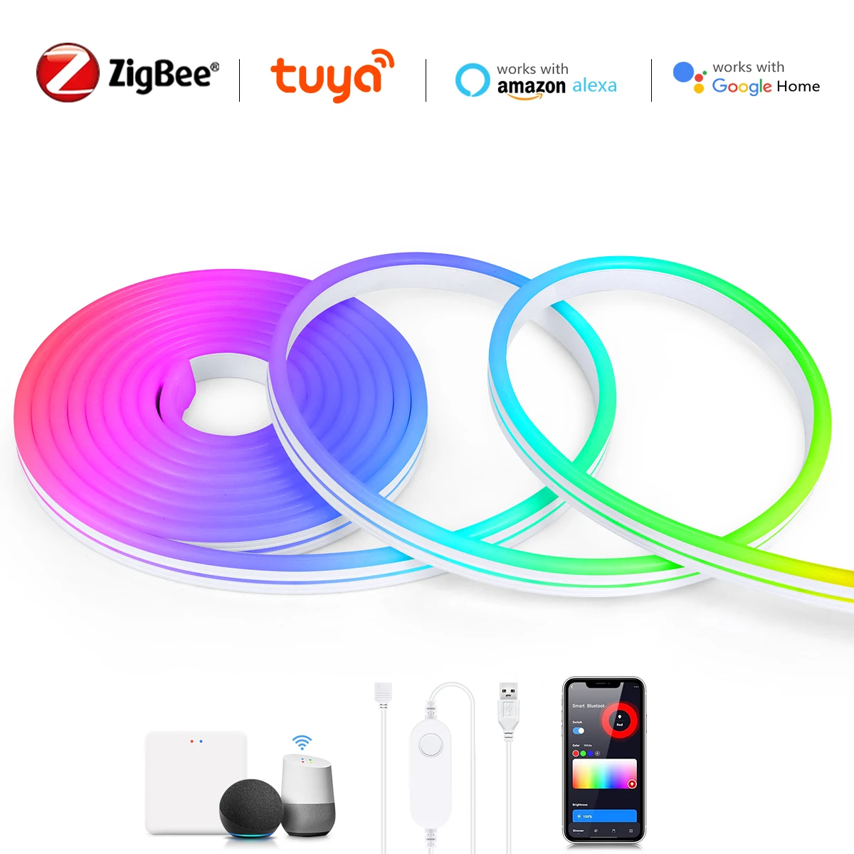 Zigbee Tuya RGB HA CONDOTTO LA Luce di Striscia 5V 2m 3m 5m Diodo Al Neon Nastro Nastro Flessibile Dimmerabile Armadio Decorazione Della Lampada per Alexa