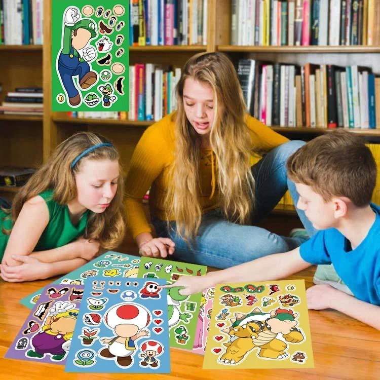 8/16Sheets Super Mario Bros Puzzle Sticker DIY Children Funny Games Make-a-Face Assemble Decal Jigsaw Sticker Kids Toys Gift