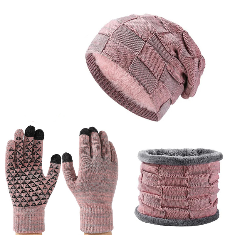 Autumn Winter Unisex Warm & Soft Winter Fleece-lined Knitted Hat,Scarves And Touch Screen Gloves 3-Piece Set