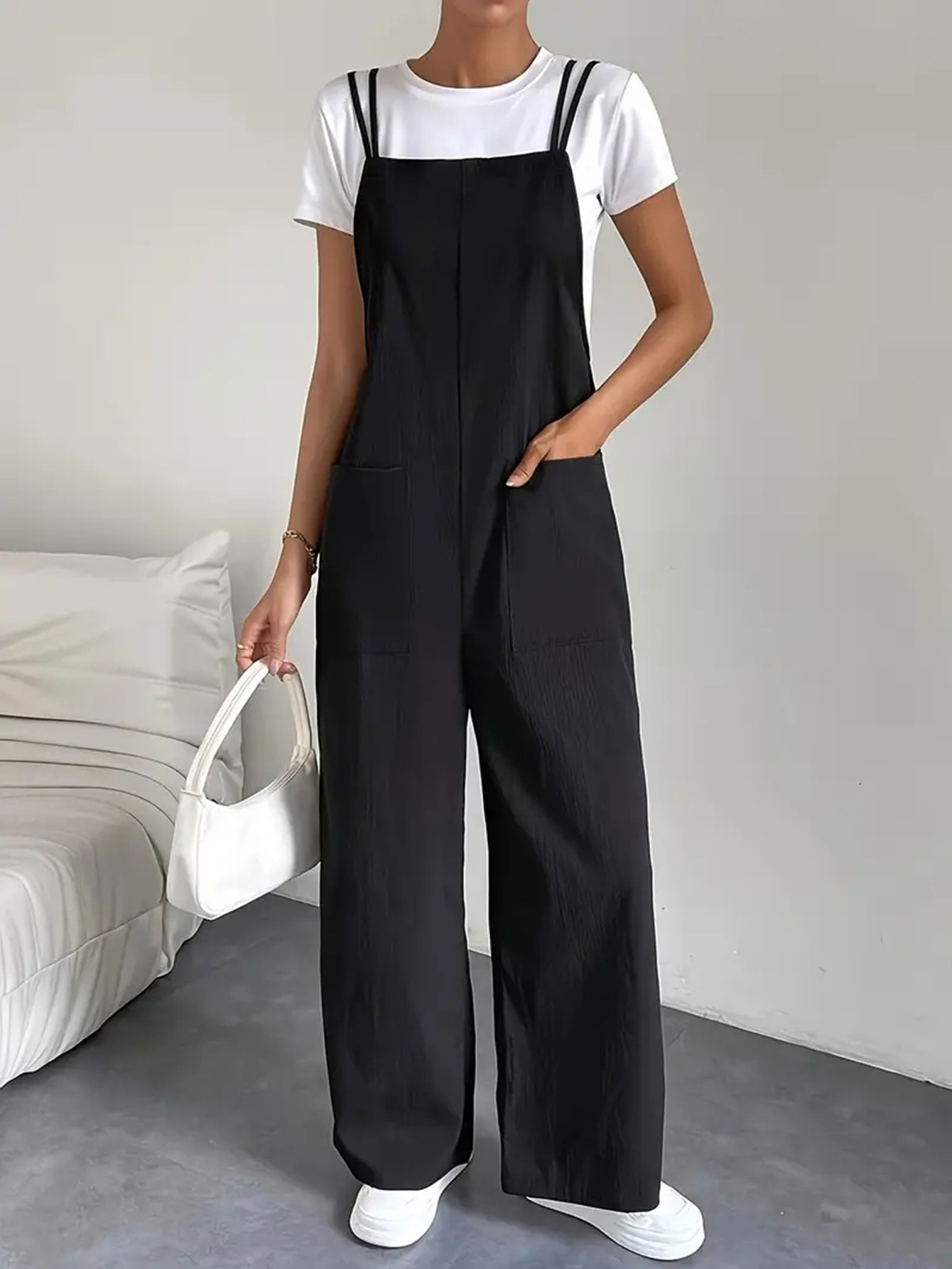 Moda casual feminina puro preto macacão calças com bolsos, alças, calças finas de trabalho de perna reta, calças de perna larga