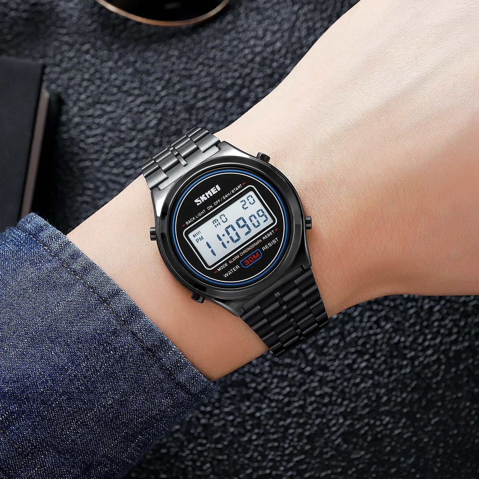 Reloj de pulsera SKMEI 2146 de acero inoxidable resistente al agua con alarma y fecha para hombre, cronómetro con pantalla de luz trasera, relojes deportivos digitales