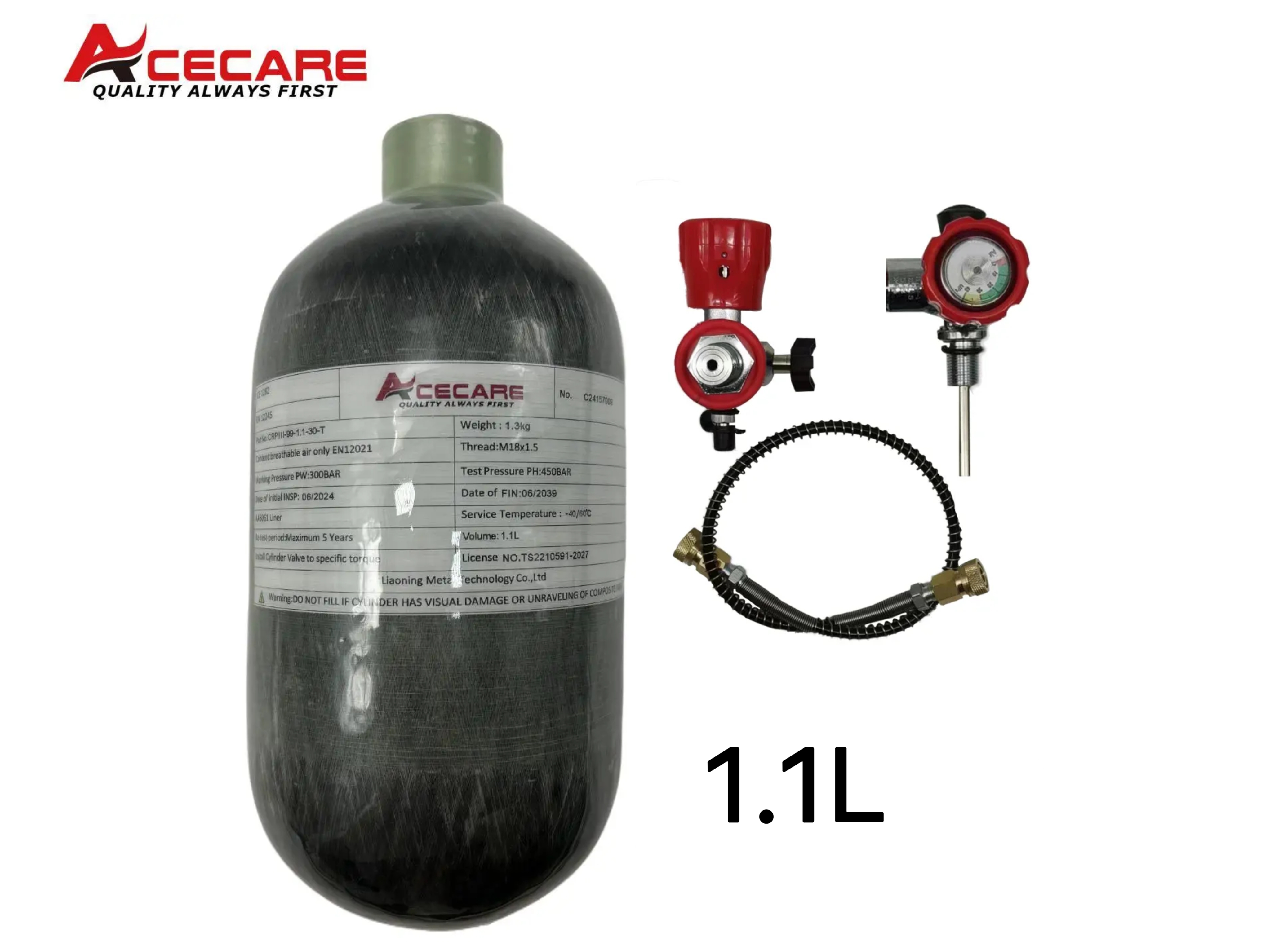 ACECARE 300Bar 4500psi 1,1L Kohlefaser-Zylinder Hochdruckzylinder mit Füllstation Regelventil Tauchen M18*1,5