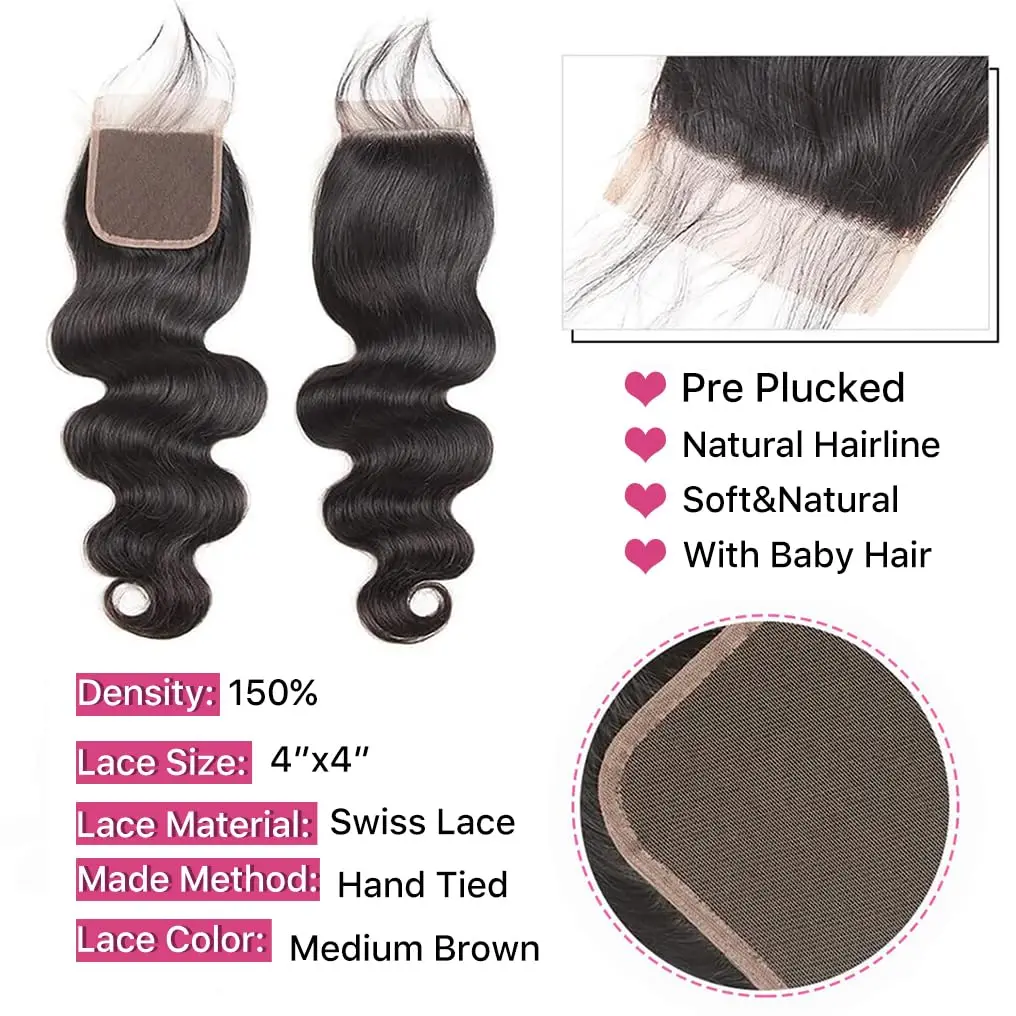 Pacotes brasileiros do cabelo humano com fechamento, onda do corpo, Weave do cabelo humano do Virgin, 3 pacotes, fechamento do laço 4x4, cor preta natural