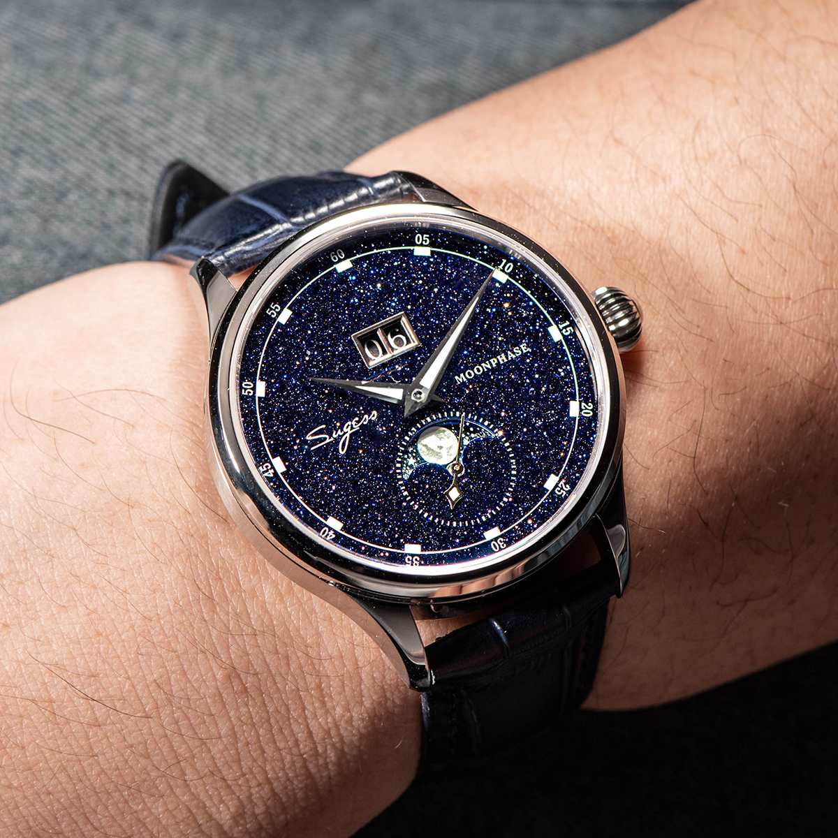 Reloj de pulsera mecánico Sugess Origin ST2528, reloj de lujo para hombre, esfera de piedra azul auténtica, caja de acero inoxidable, reloj de fase lunar