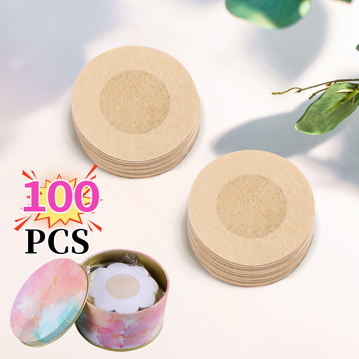 100 bolsas desechables/pegatinas para el pecho con caja de metal: sin costuras, transpirables, autoadhesivas, cómodas y cobertura invisible