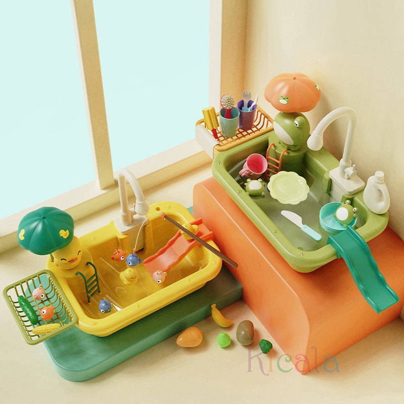 Lavello da cucina per bambini Giocattoli Lavastoviglie elettrico che gioca con acqua corrente Fai finta di giocare con il cibo Giocattolo da pesca Gioco di ruolo Regalo per ragazze