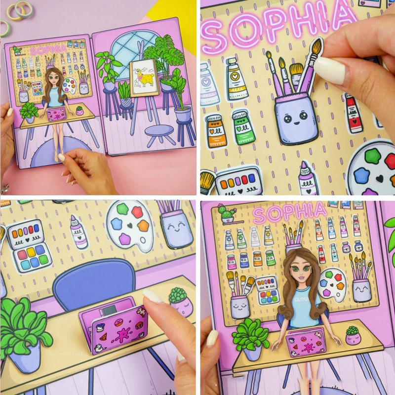 สติกเกอร์แต่งตัวสำหรับเด็กผู้หญิงหนังสือที่เงียบสงบน่ารักแบบทำมือแบบ DIY ของเล่นแบบบีบบีบอัดของเล่นวัสดุแพ็คสำหรับเด็กของขวัญ