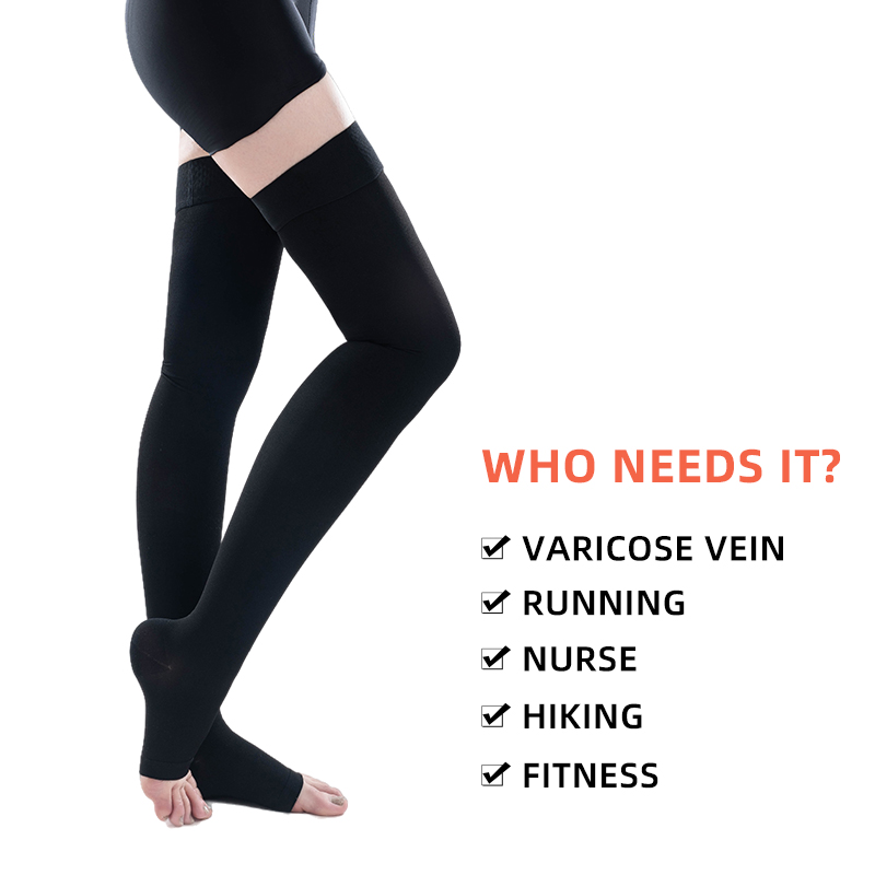 Calcetines de compresión médicos con punta abierta hasta el muslo, protector solar elástico, antideslizante, cuidado del sueño, venas varicosas, curación rápida, 34-46mmHg, 1 par