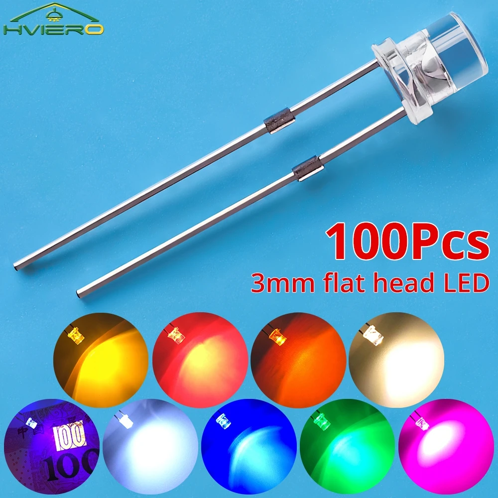 100pcs F3 3mm Flat Led Ultra Bright Diodes Wide Angle Light Emitting Bulbs Signage Decoration Advertising Lamp Ambient Building