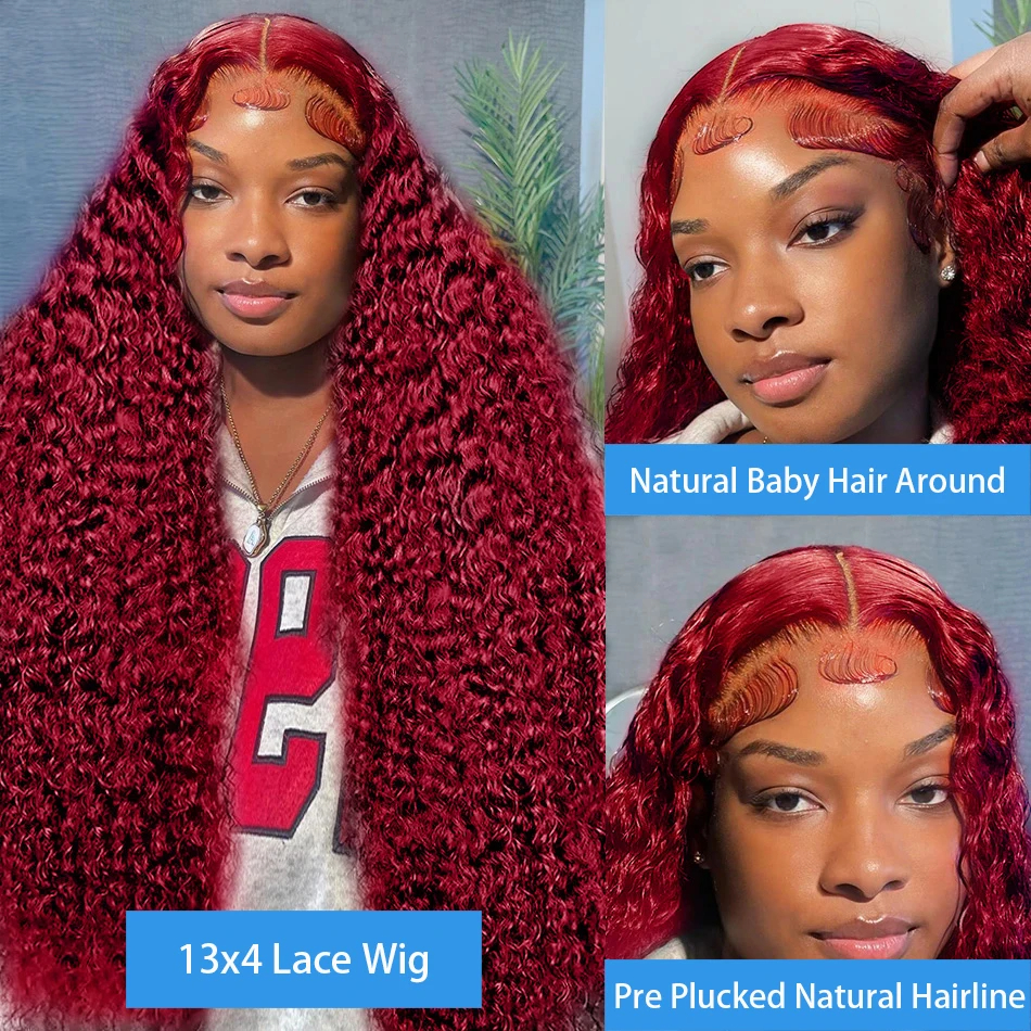 Nat en golvend 99j Kant Frontale Pruik Echt haar Bordeaux 13x6 Hd Kant Frontale Pruik van echt haar Rood Krullend Kant Voor Menselijk haar Pruiken