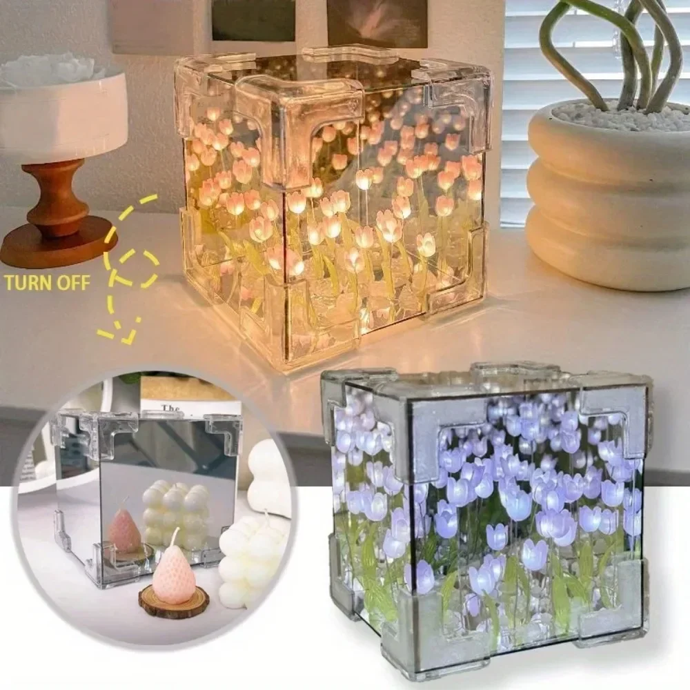 2025 DIY Tulip Sea Cube Espejo Luz nocturna Materiales de decoración de automóviles Regalos de cumpleaños hechos a mano para amigos y colegas