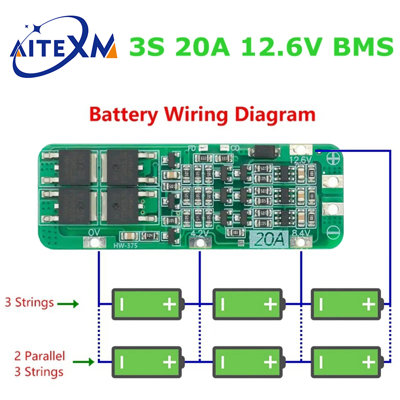 3S 20A Li-Ion Lithium แบตเตอรี่ 18650 เครื่องชาร์จ PCB BMS Protection Board 12.6V 59x20x3.4 มม. โมดูล