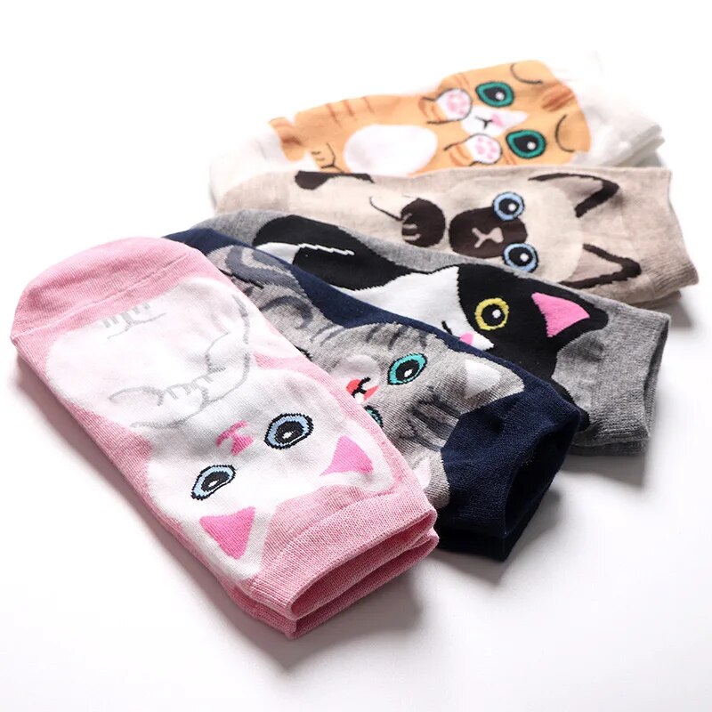 5 par/set calcetines tobilleros de gato lindo de dibujos animados para mujer transpirables perfectos para la moda del día a día