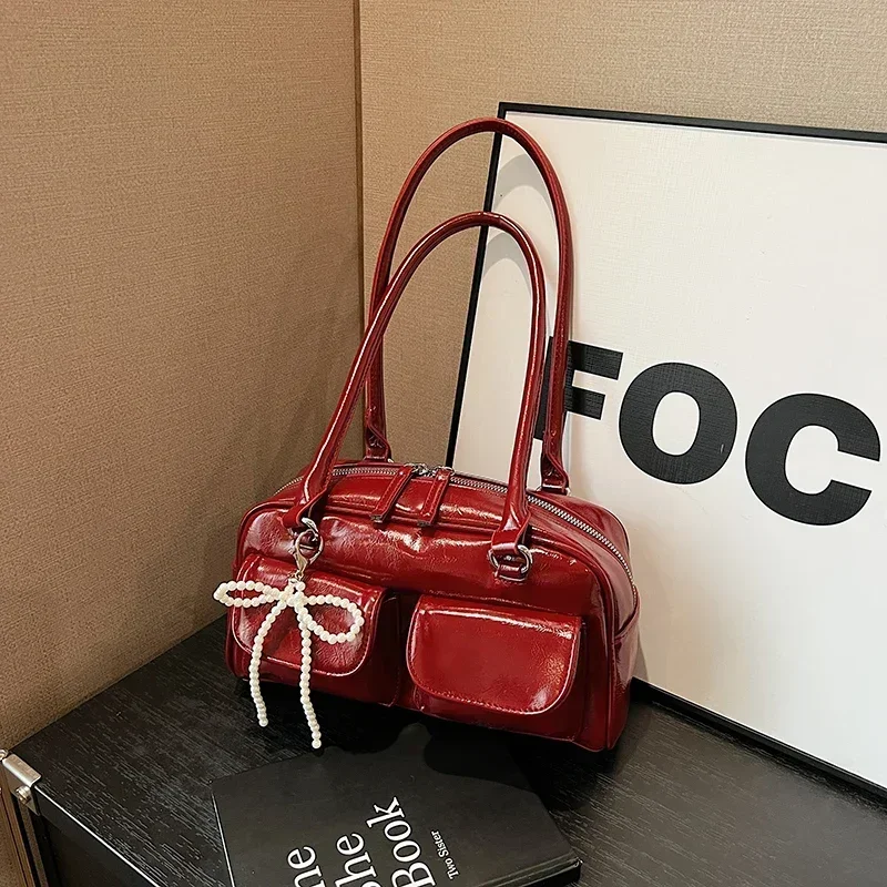 Solid Sewing Thread Fashion Glossy PU Shoulder Bags Baguette Versatile Hand Bags 2025 Hot Sale Bags for Women Bolsas Femininas