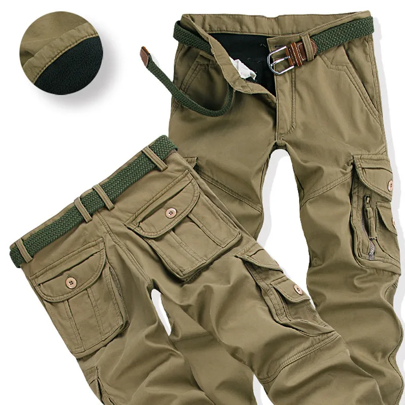 Jogger solto casual masculino com bolso de pele, calça grossa quente de carga, calças de lã plus size, moda escovada, trabalhador masculino, inverno