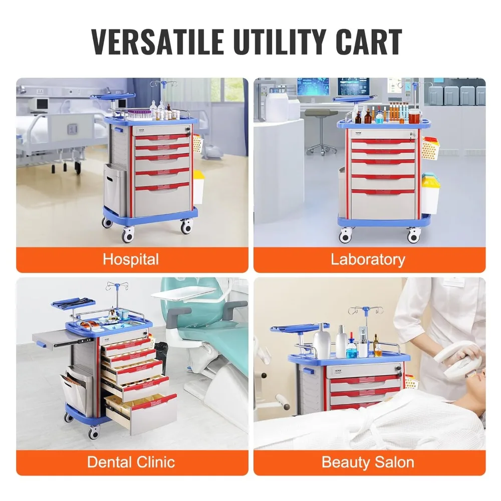 5-Tier Lab Cart With 5 Drawers, 4 Silent Wheels & 2 Trash Cans - Mobile Medical Utility Cart, PP Material - for Clinic, Hospital
