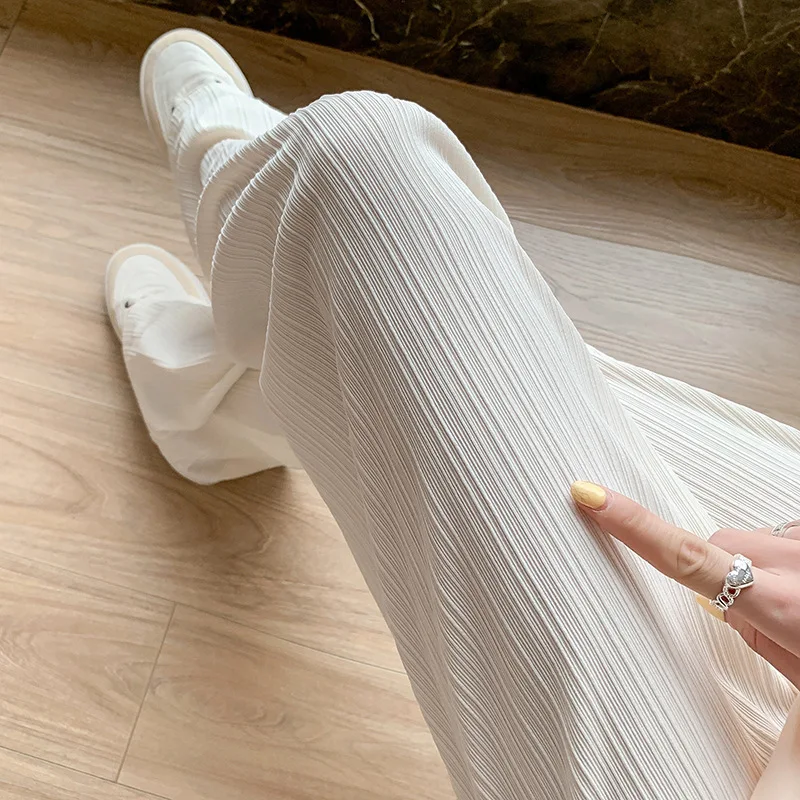 Calça feminina larga de seda no gelo, chiffon fino, cintura alta, calça reta solta, moda casual, coreana, flácida, primavera e verão, 2024