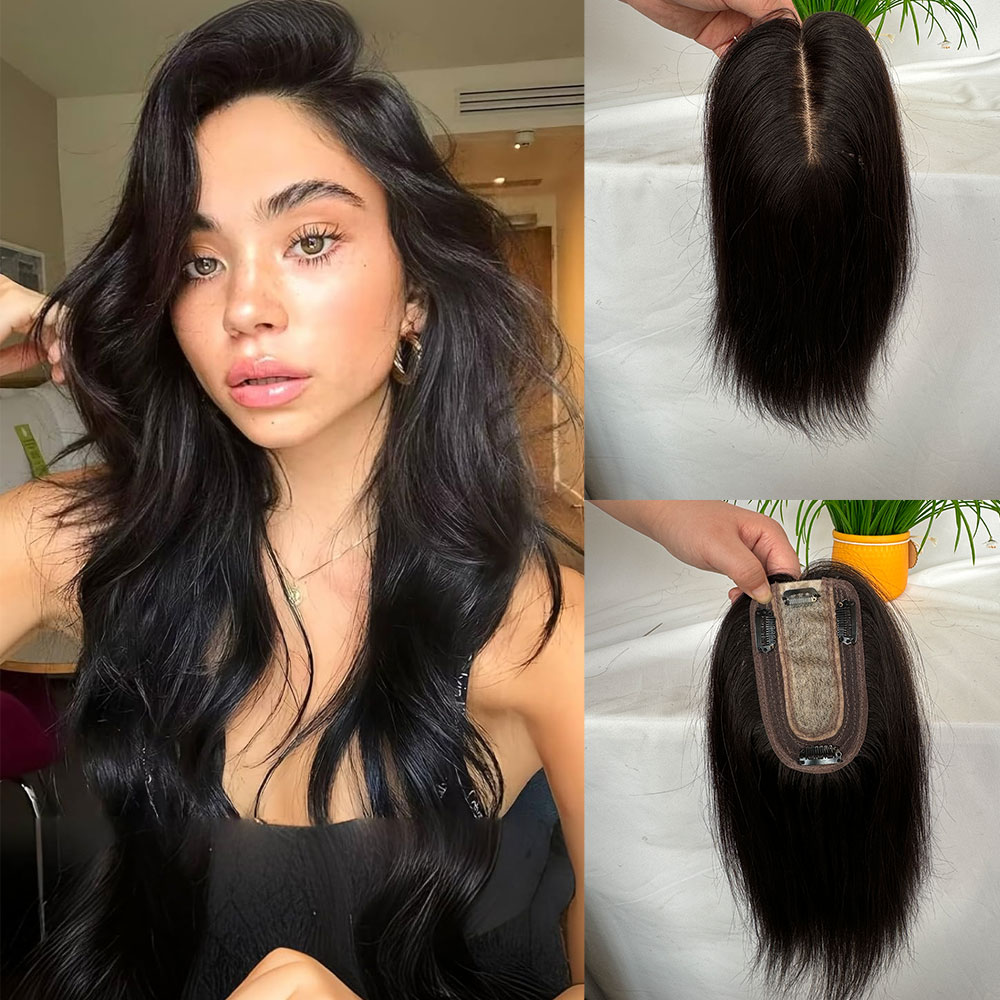 Topper de cabelo clipe em toppers de cabelo humano peruca para mulheres base de seda grossa topper para engroshar cabelo 12 polegada 3 "× 5" natural