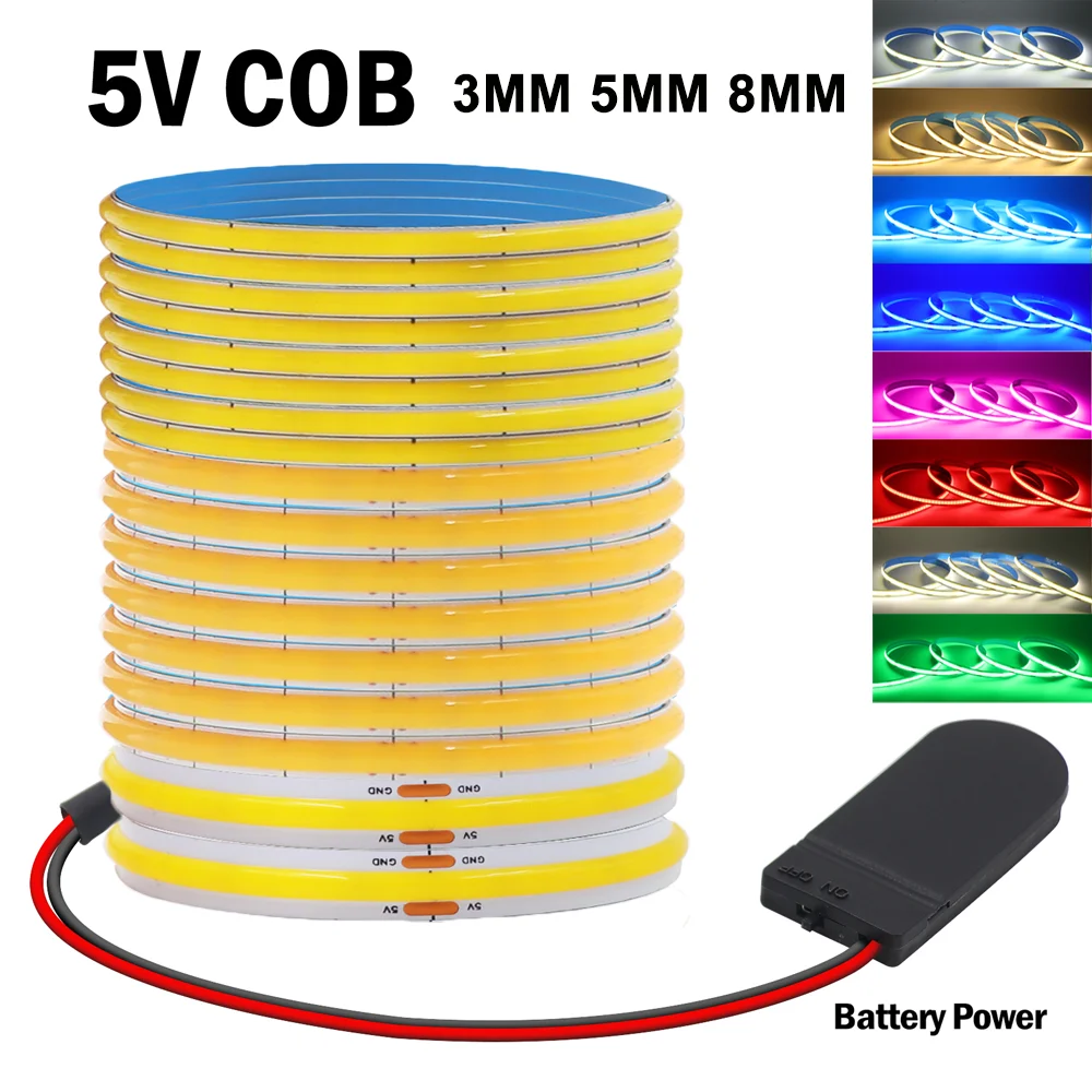 Tira de luces LED COB de 5V CC, 3mm, 5mm, 8mm, 320LEDs/M, cinta LED COB Flexible de alta densidad, luz nocturna alimentada por batería, retroiluminación de espejo de TV DIY