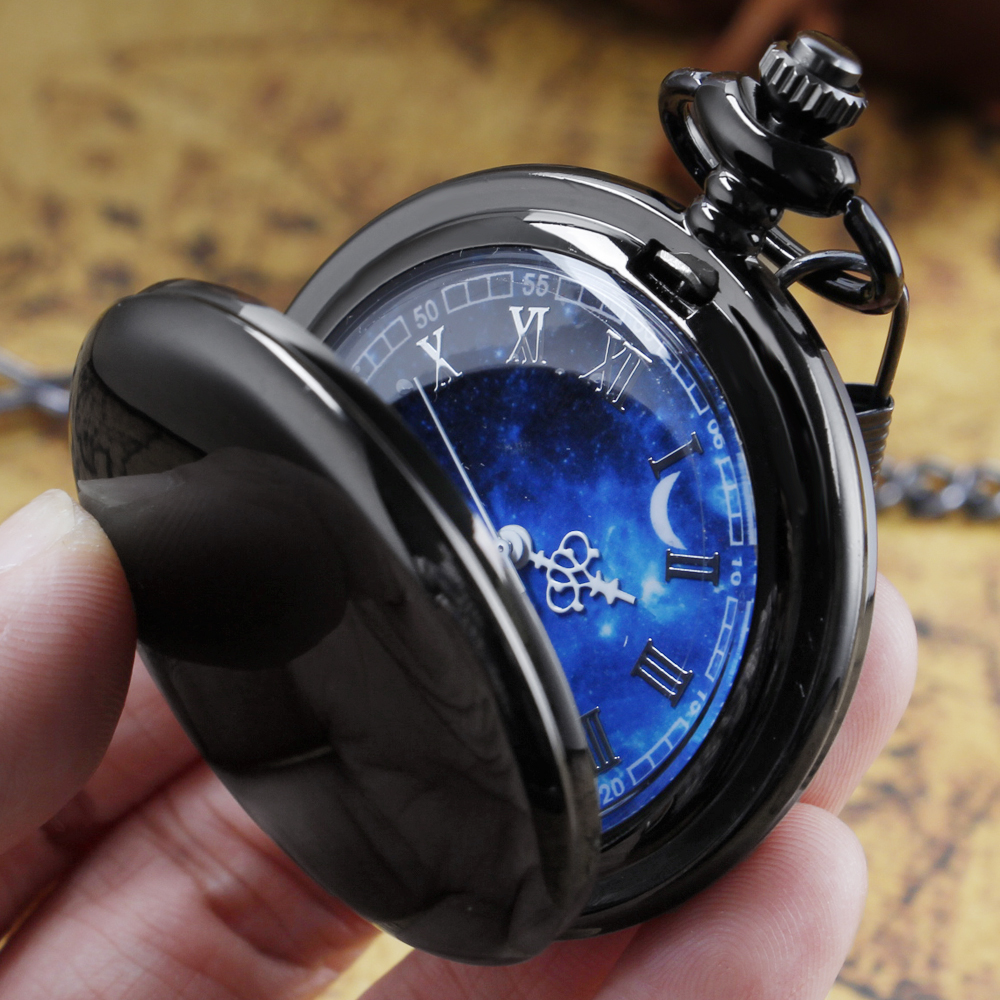 All Hunter Black Smooth Vintage Quartz Pocket Watch Series Romantic Starry Sky Pendant Watch Chain Gift For Men Women Friends
