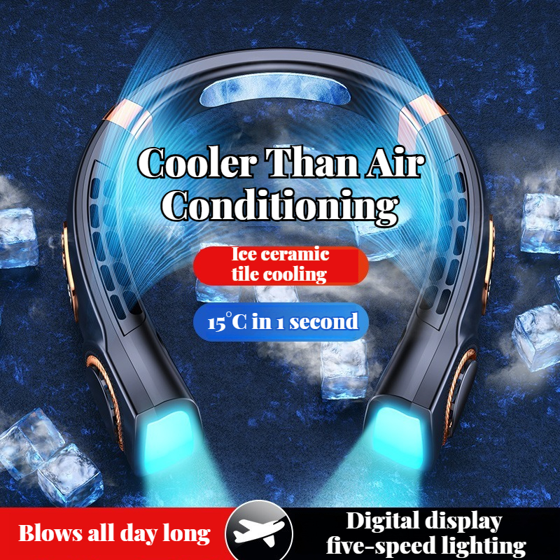 Portable Ice-Cooling Fan with LED Light, Silent Bladeless Halterneck Design for Personal Cooling and Outdoor Comfort