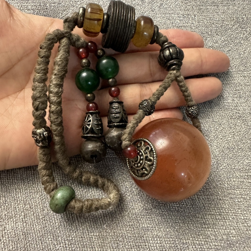 Antique Retro Old Patina Red Cat's Eye Stone Round Ball Old Glass Handheld Jade Pendant Cultural Play Accessory