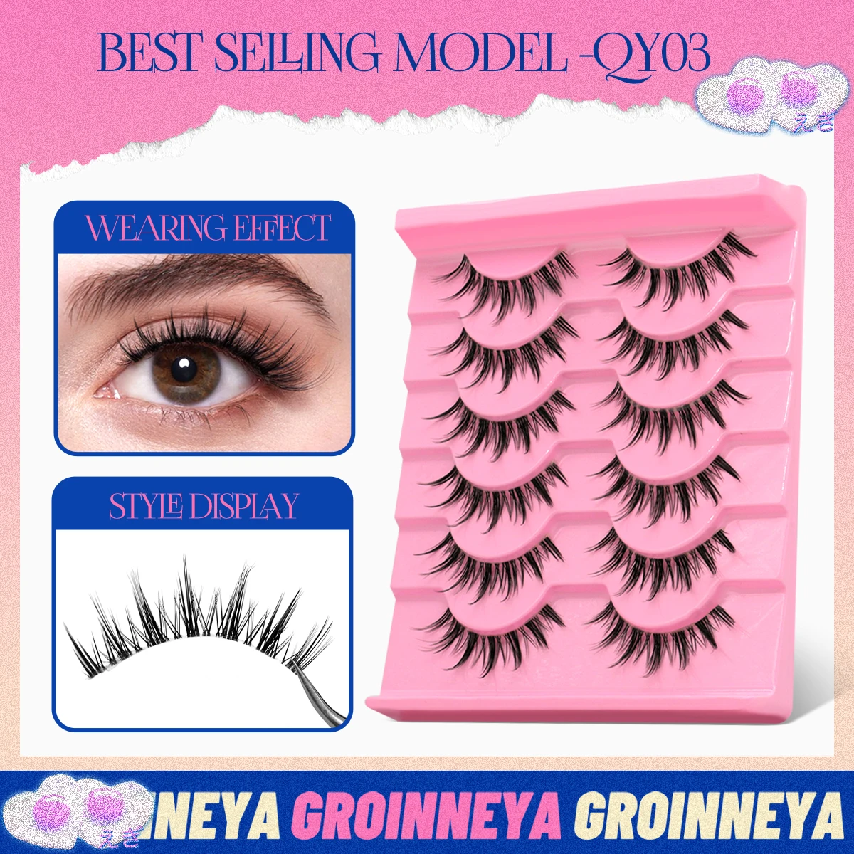 GROINNEYA Cat eye Lashes 5/6 คู่ Clear Band Lashes ธรรมชาติดู 6D Wispy Eyelashes False Lashes Eyelashs Extension