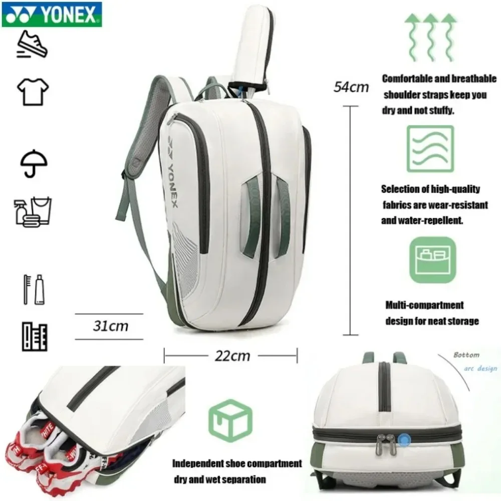 YONEX-Bolsa de bádminton de alta calidad, raqueta de tenis de cuero, mochila deportiva de hombro, multifuncional, máxima capacidad, raqueta de 6 piezas