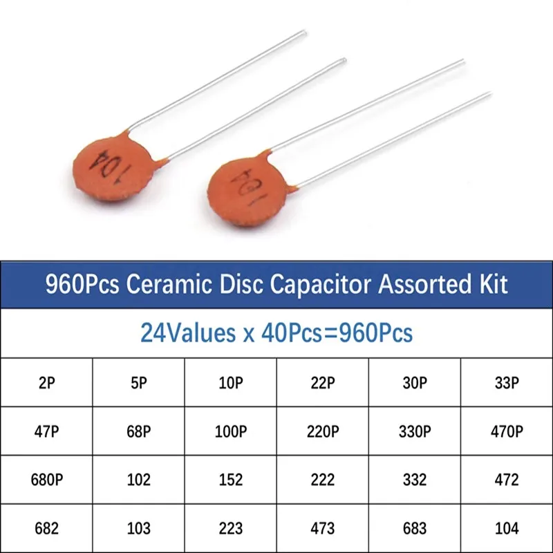 960 unids/lote Kit surtido de condensadores cerámicos 2PF-0.1UF 50V juego de condensadores cerámicos 24 valores * 40 Uds condensadores electrónicos diy 20%