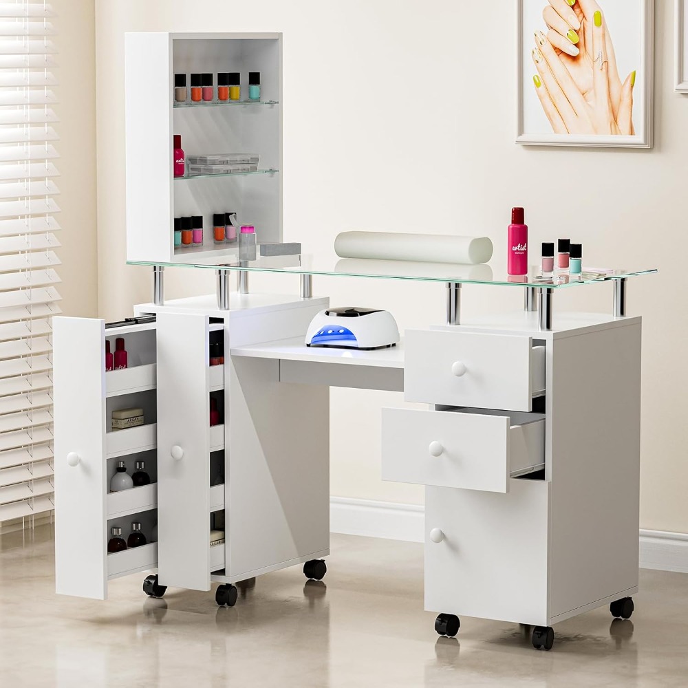 Manicure Table Nail Desk for Nail Tech, Glass Top Nail Table Station Acetone Resistant w/Storage Drawers & Open Shelves
