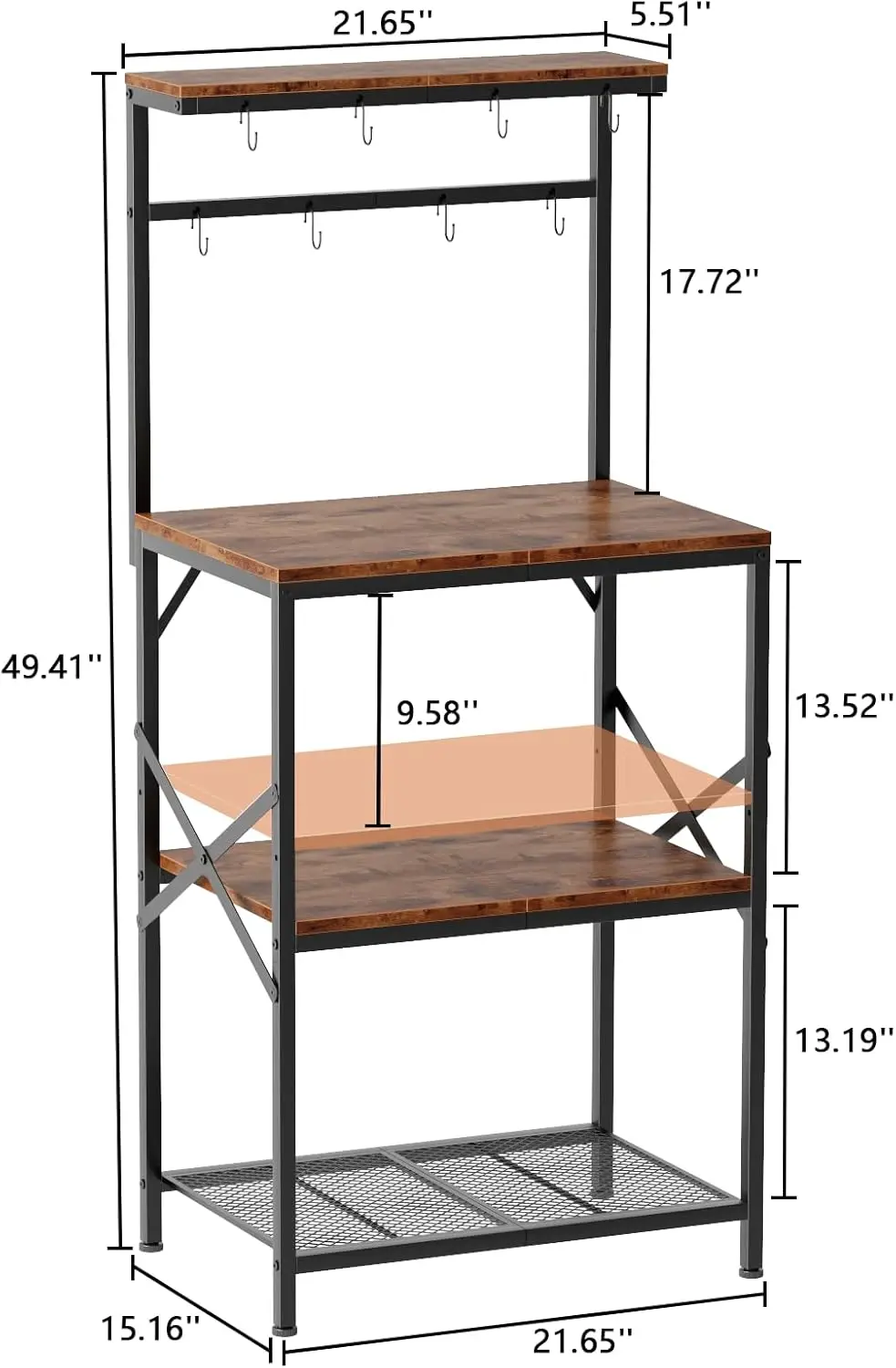 Kitchen Bakers Rack with Storage Shelves, Small Coffee Bar Table with 8 Hooks, 4 Tiers Microwave Stand Station